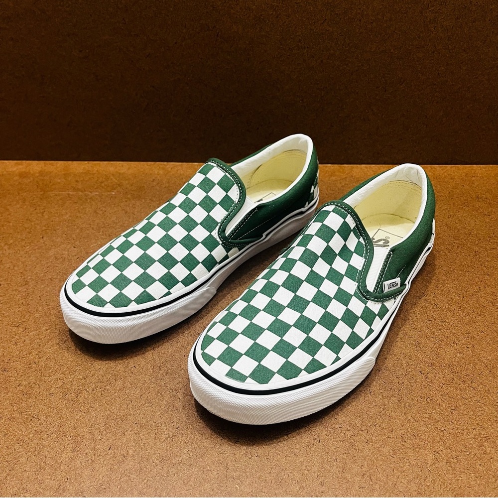 Green and White Checkered Slip-On Vans